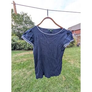 Lauren Ralph Lauren Petite Top‎ Navy Blue Ribbed Knit Puff Sleeve Tee